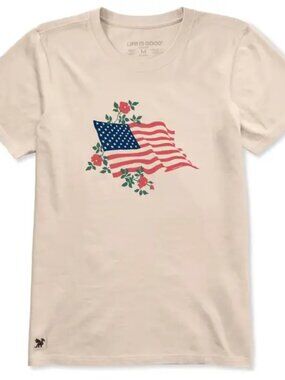 Life Is Good Women's L T-Shirt Red Rose American Flag Short Sleeve Crusher-Lite